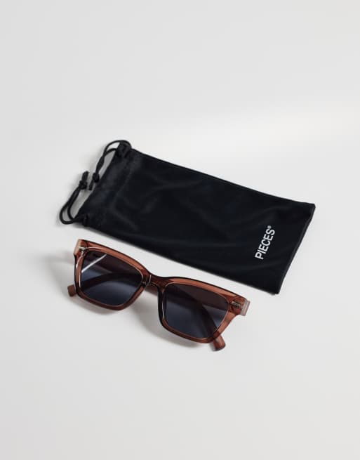 Pieces – Brązowe kwadratowe okulary przeciwsłoneczne w stylu retro, 3 z 3