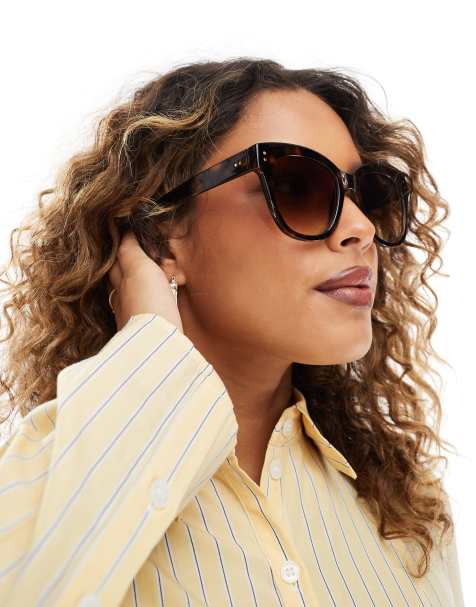 Pieces round frame sunglasses with ombre lense in brown tortoise shell 