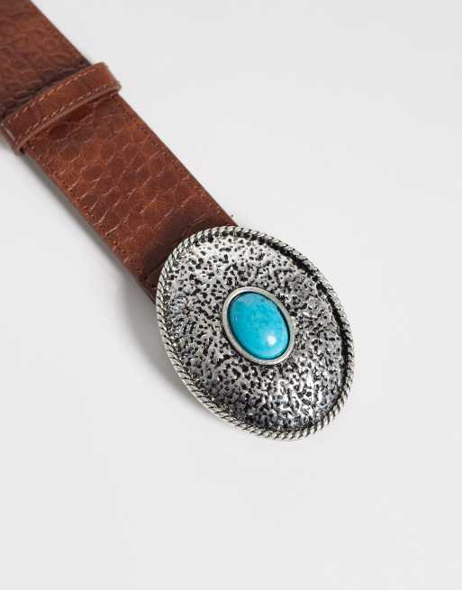 Pieces – Brązowy fakturowany pasek z ozdobną klamrą, 3 z 3