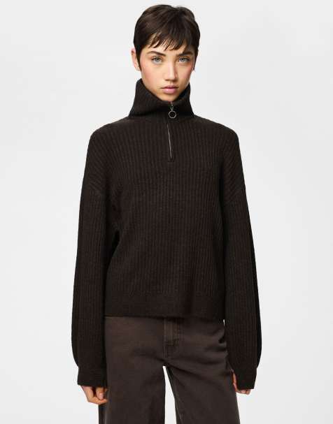 Pieces – Brązowy sweter z zamkiem pod szyją - view 1