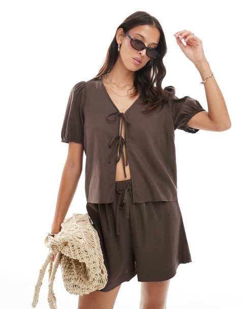 Pieces tie detail short sleeve top co-ord in chocolate brown