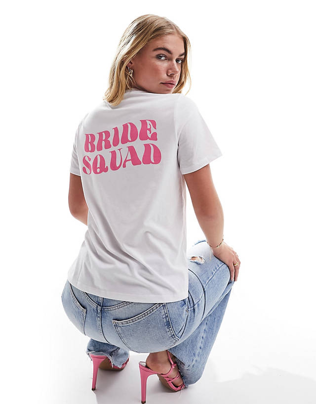 Pieces - 'bride squad' pink glitter back slogan t-shirt in white