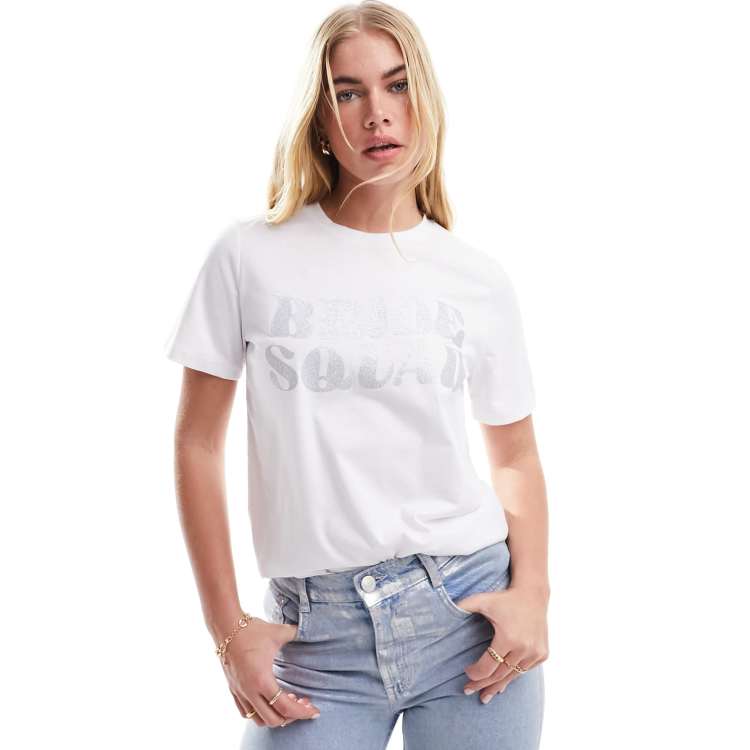 Pieces Bride Squad Silver glitter front slogan t shirt in white ASOS