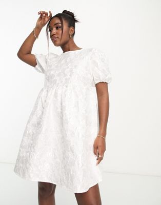 Pieces Bride To Be puff sleeve babydoll mini dress in white rose jacquard - ASOS Price Checker