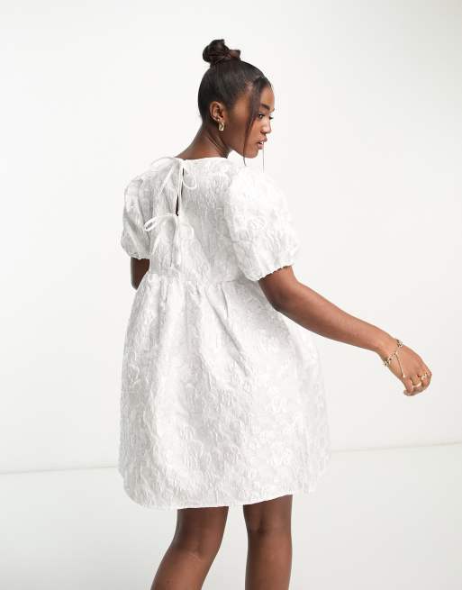 Pieces Bride To Be puff sleeve babydoll mini dress in white rose jacquard, 2 of 4