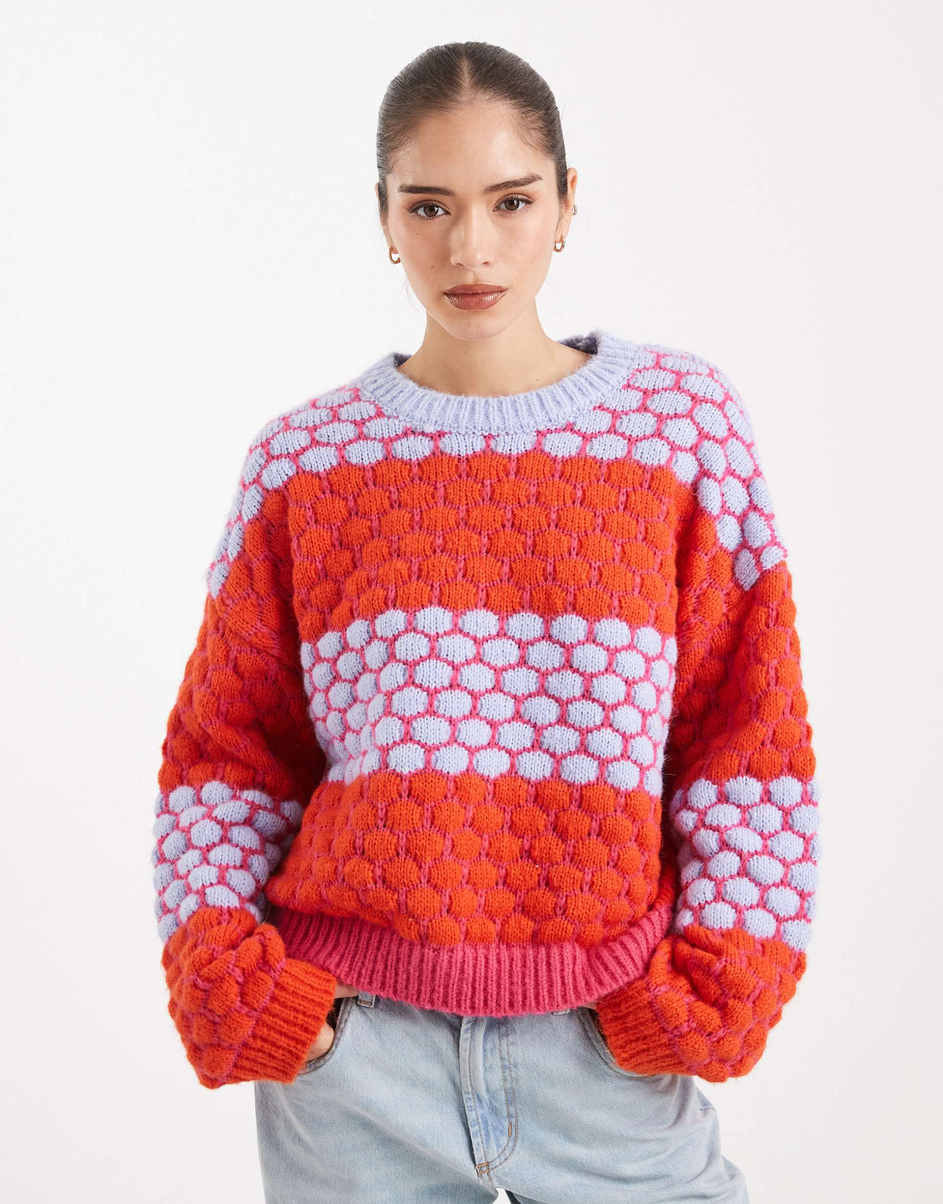 pieces bright contrast polka dots sweater in multi
