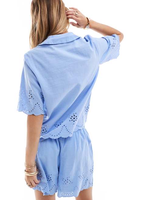 Pieces broderie shirt co-ord in hydrangea blue, 4 of 4