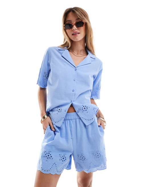Pieces broderie shorts co-ord in hydrangea blue, 2 of 5