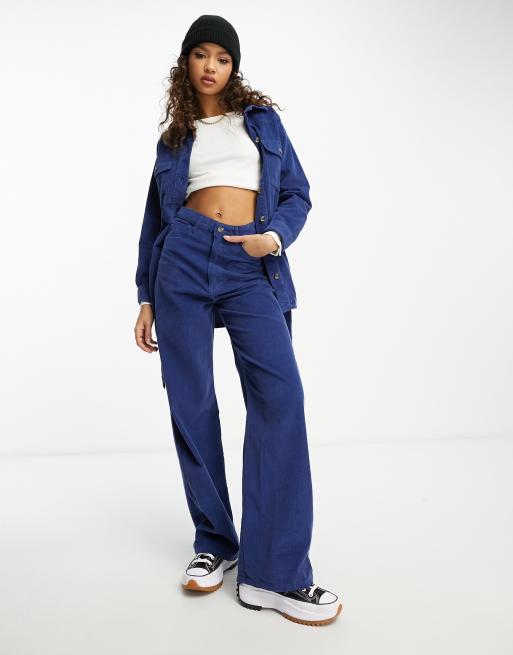 Pieces - Broek met wijde pijpen en hoge taille van corduroy in koningsblauw, deel van co-ord set