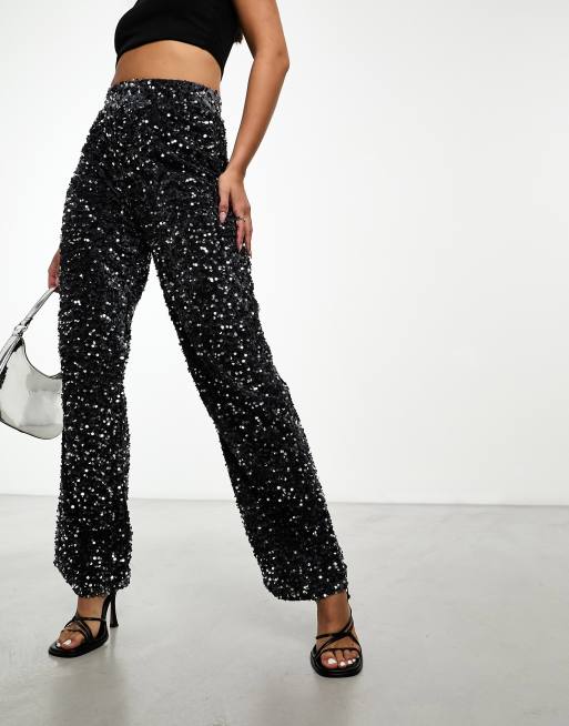 Pieces - Broek met wijde pijpen van velours met lovertjes in grijs, 4 van 4