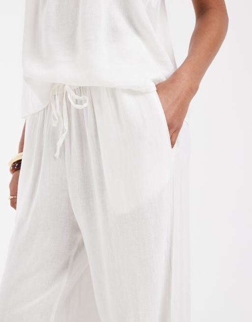 Pieces - Broek van linnenmix met gestrikte taille en wijde pijpen in wit, deel van co-ord set, 2 van 5