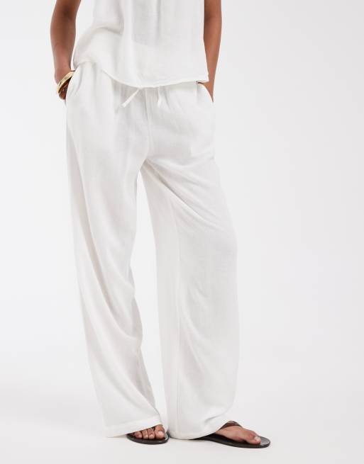 Pieces - Broek van linnenmix met gestrikte taille en wijde pijpen in wit, deel van co-ord set, 3 van 5