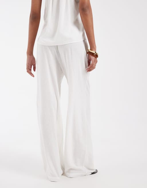 Pieces - Broek van linnenmix met gestrikte taille en wijde pijpen in wit, deel van co-ord set, 5 van 5