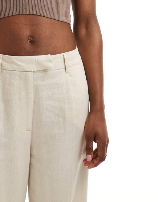 Pieces - Broek van linnenmix met wijde pijpen en hoge taille in crème, 4 van 5
