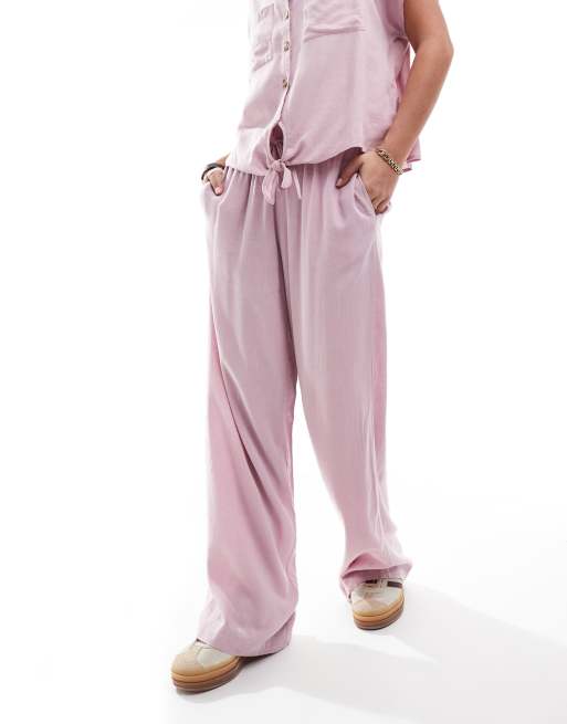 Pieces - Broek van linnenmix met wijde pijpen in roze, deel van co-ord set, 5 van 5