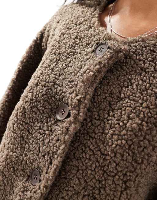 Pieces - Brun dunjakke i teddy-materiale med knapper, 4 af 4