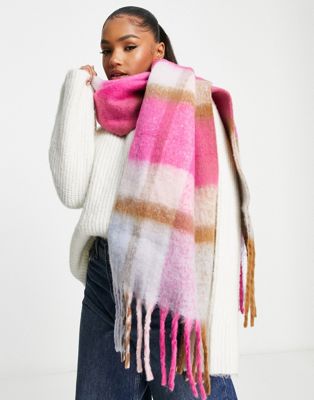 Pieces brushed oversized tassel scarf in pink check