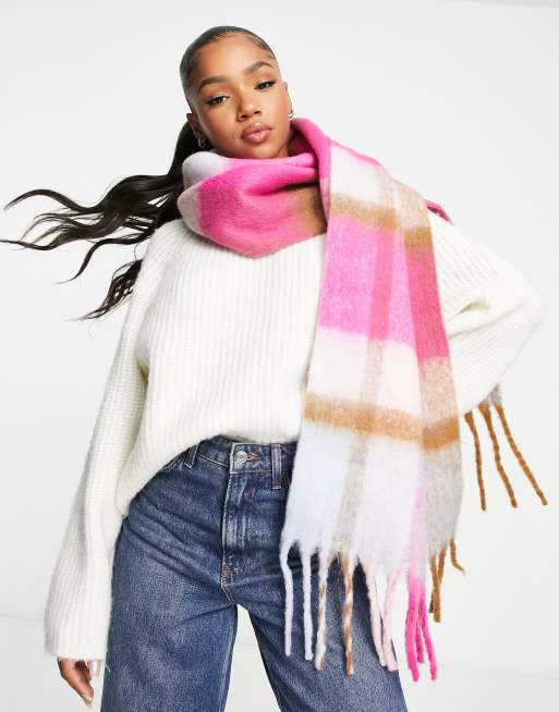 Pieces brushed oversized tassel scarf in pink check