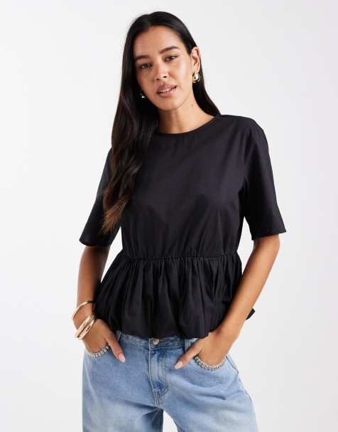 Pieces bubble hem woven top in black