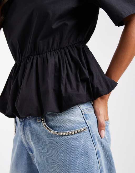 Pieces bubble hem woven top in black, 3 of 4