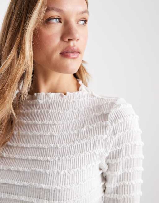 Pieces bubble textured long sleeve jersey top in white, 3 of 4