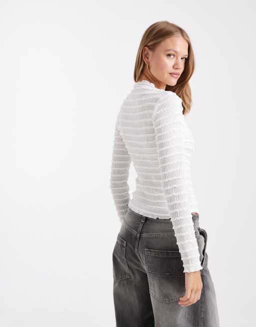 Pieces bubble textured long sleeve jersey top in white, 4 of 4