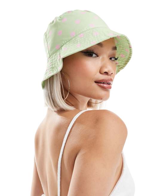 Pieces - Bucket hat in neon groen met roze stippen 