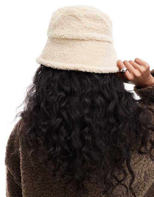 Pieces - Bucket hat van teddystof in crème, 4 van 4