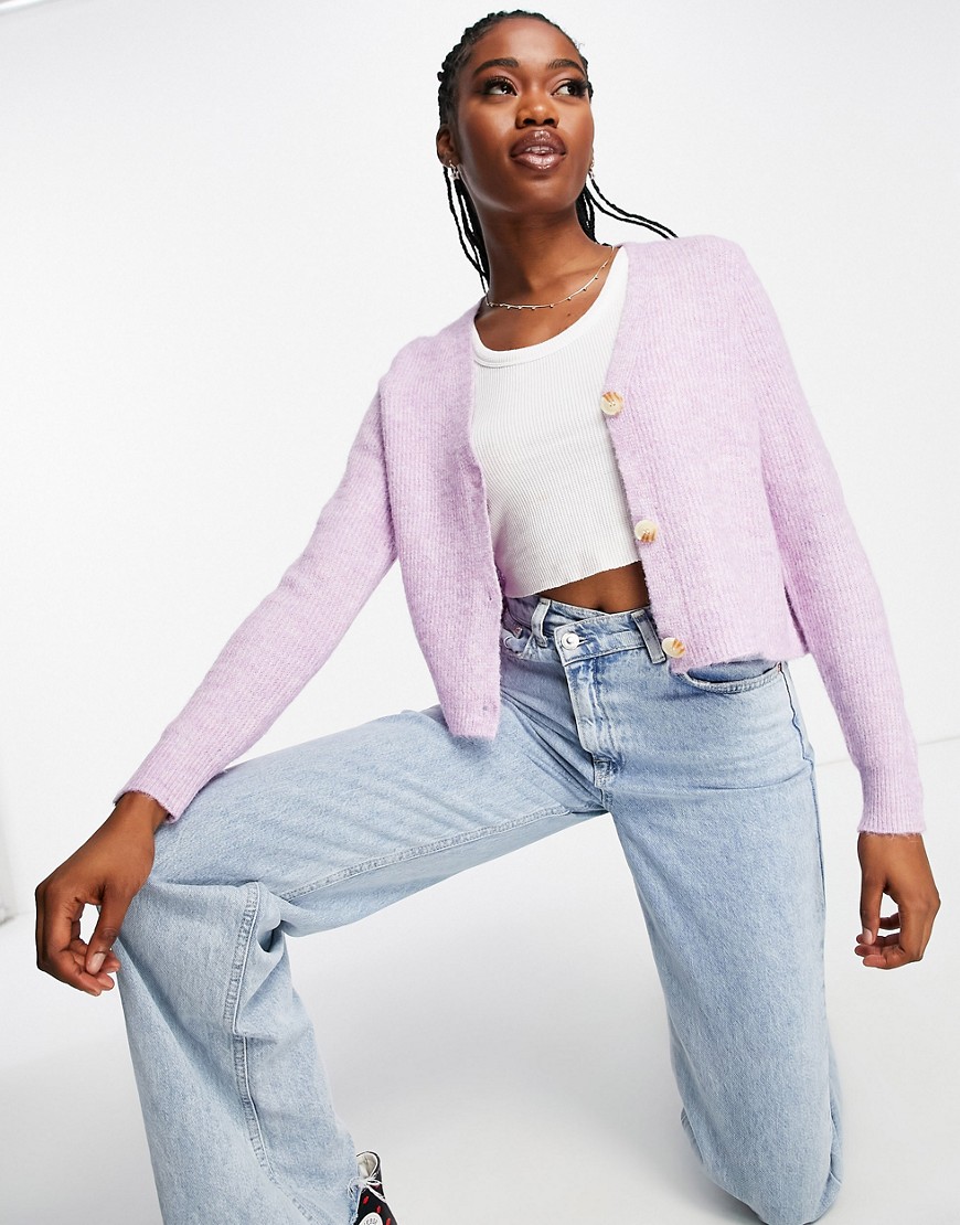 Pieces button front cardigan in lilac-Purple