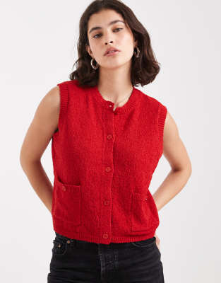 Pieces Button Front Knit Vest In Red