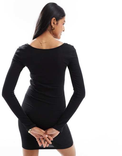 Pieces button front long sleeved ribbed mini dress in black | ASOS