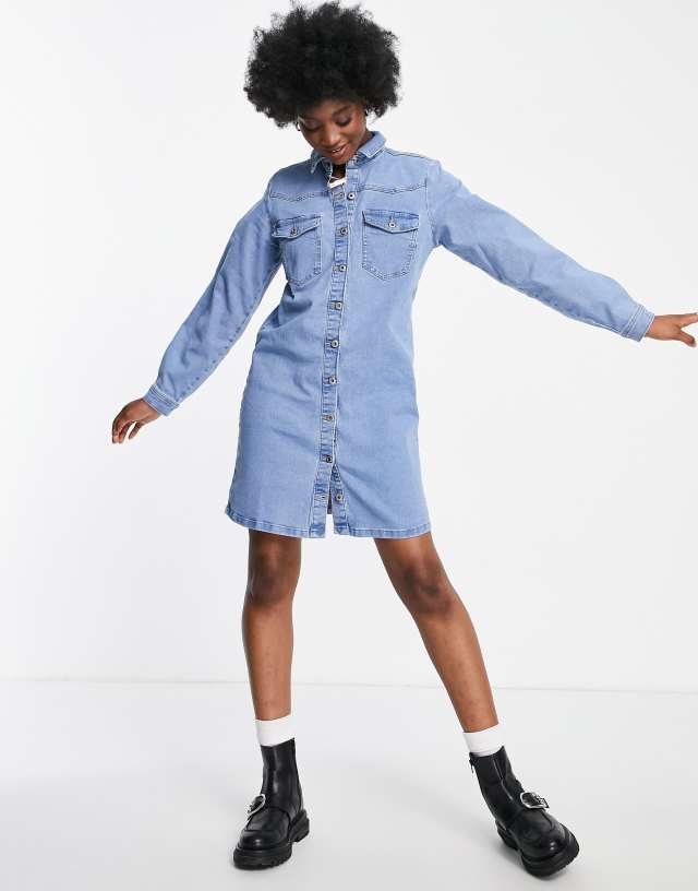 Pieces button front mini shirt dress in light blue denim