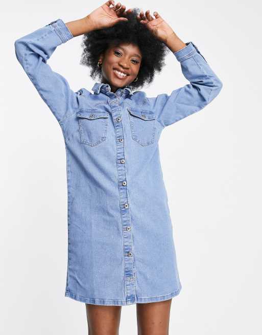 Pieces button front mini shirt dress in light blue denim