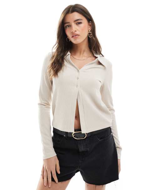 Pieces button front ribbed polo top in cream - view 1
