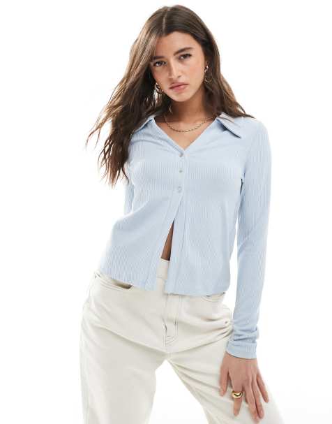Pieces button front ribbed polo top in kentucky blue - view 1