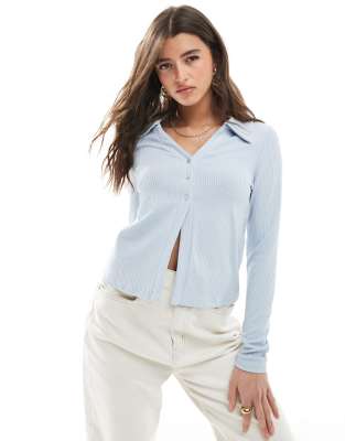 pieces button front ribbed polo top in kentucky blue