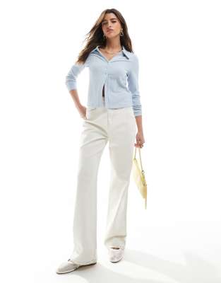PIECES BUTTON FRONT RIBBED POLO TOP 