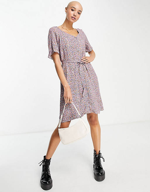 Pieces button front tie waist tea dress in ditsy floral
