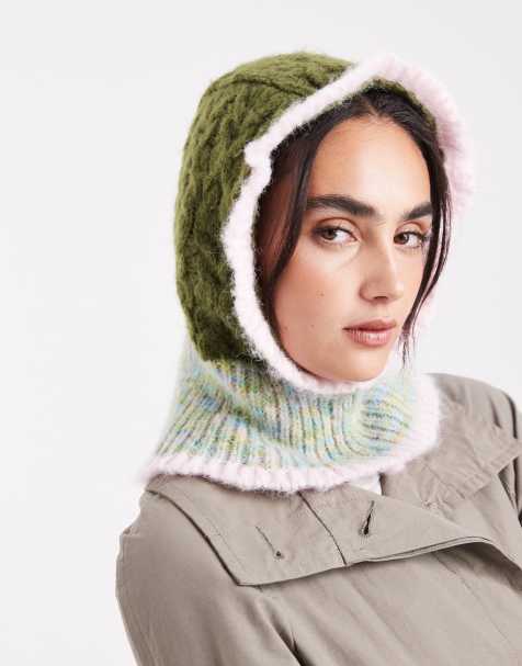 Pieces cable knit frill trim knitted balaclave in  khaki green - view 1