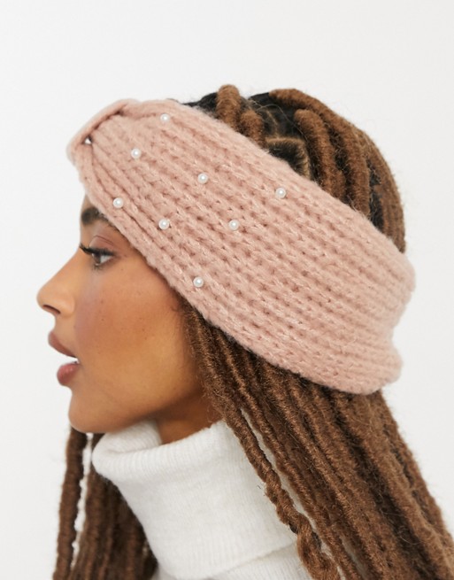 Pieces cable knit headband with pearl trims in camel