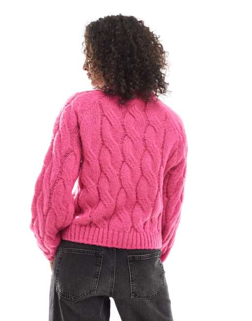 Pieces cable knit jumper in bright pink, 4 of 4