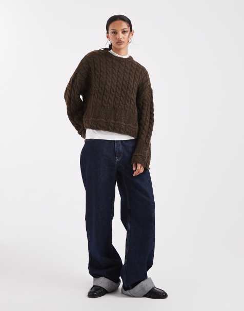 Pieces cable knit jumper in chocolate brown - view 1