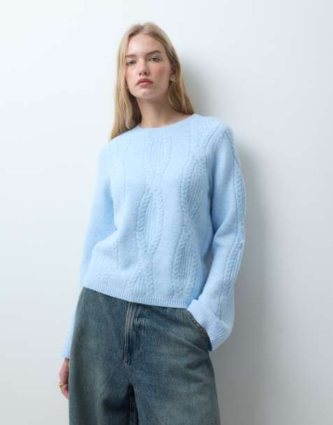 Pieces cable knit oversized jumper in light blue - view 1