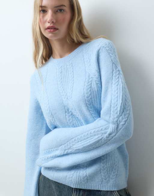 Pieces cable knit oversized jumper in light blue, 2 of 4