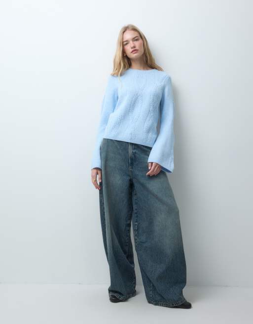 Pieces cable knit oversized jumper in light blue, 3 of 4