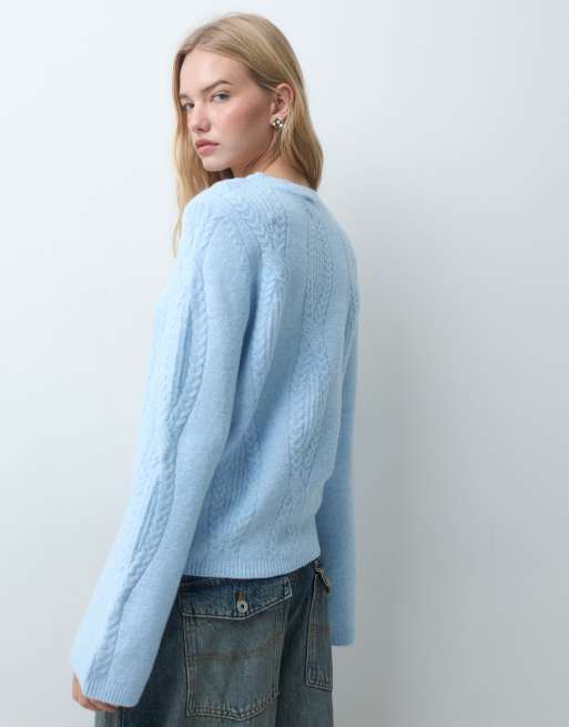 Pieces cable knit oversized jumper in light blue, 4 of 4
