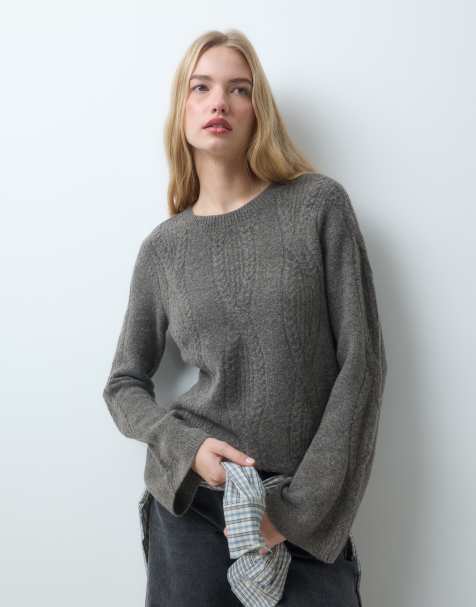 Pieces cable knit oversized jumper in light brown - view 1