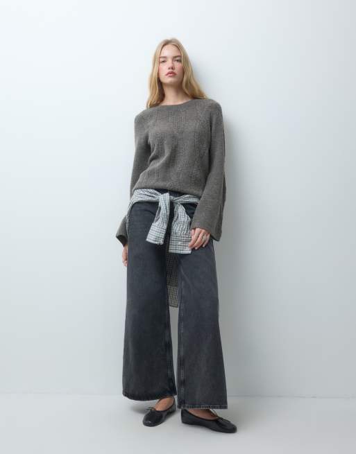 Pieces cable knit oversized jumper in light brown, 3 of 4