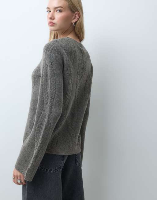 Pieces cable knit oversized jumper in light brown, 4 of 4