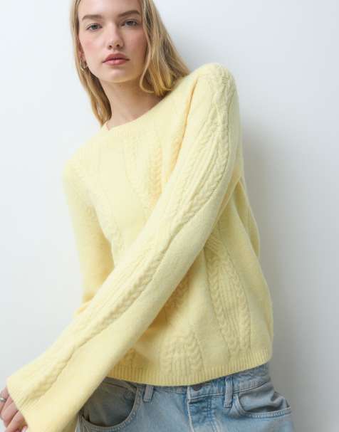 Pieces cable knit oversized jumper in pastel yellow - view 1